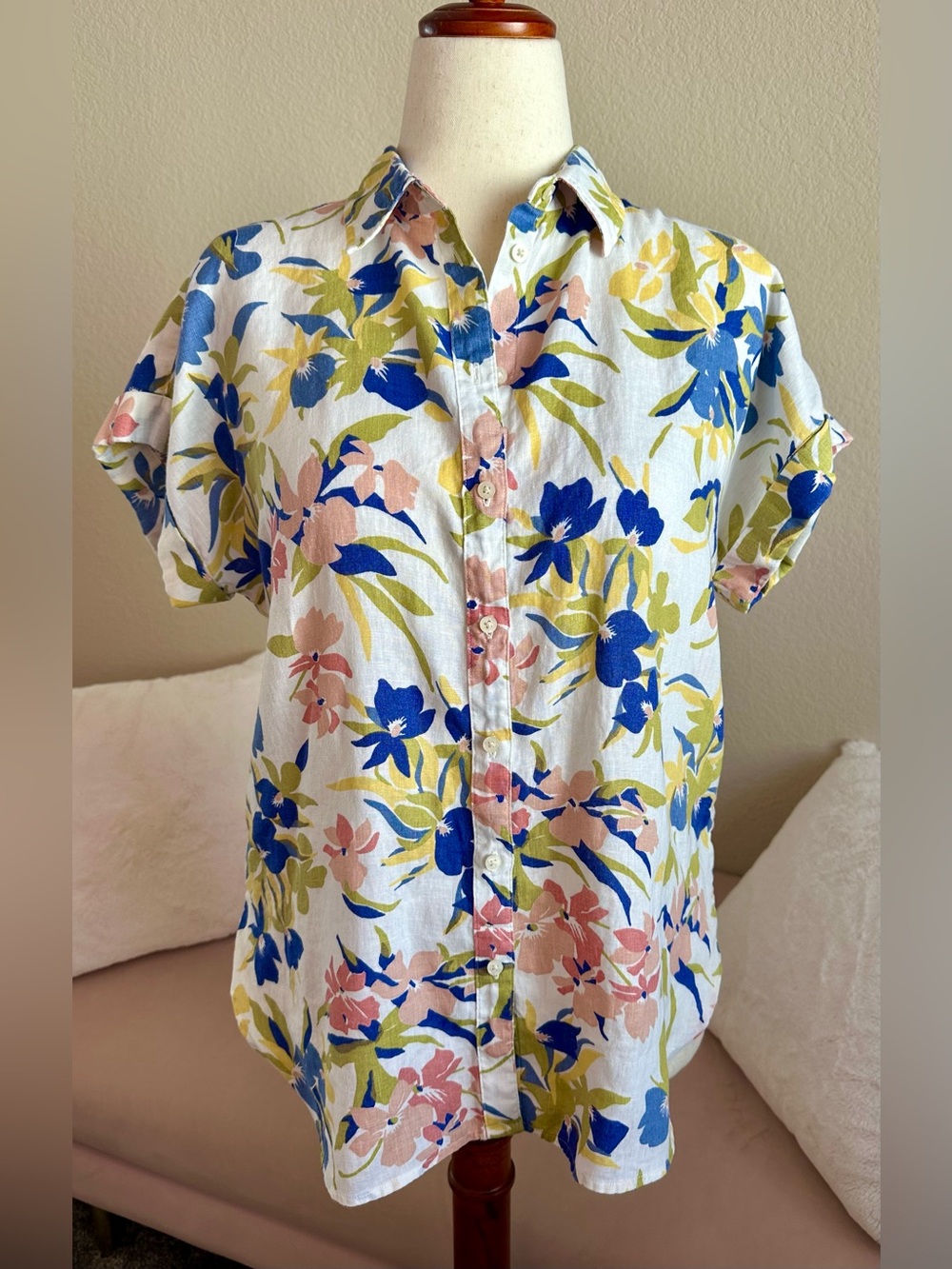 Lauren Ralph Lauren Top 100% Linen Floral Button Up SS Shirt Womens M Coastal